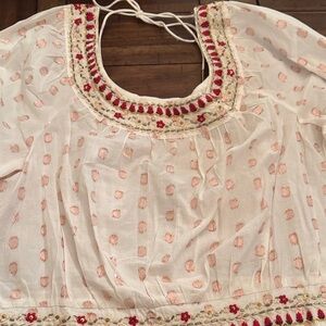Anthropologie White and Pink Embroidered Blouse